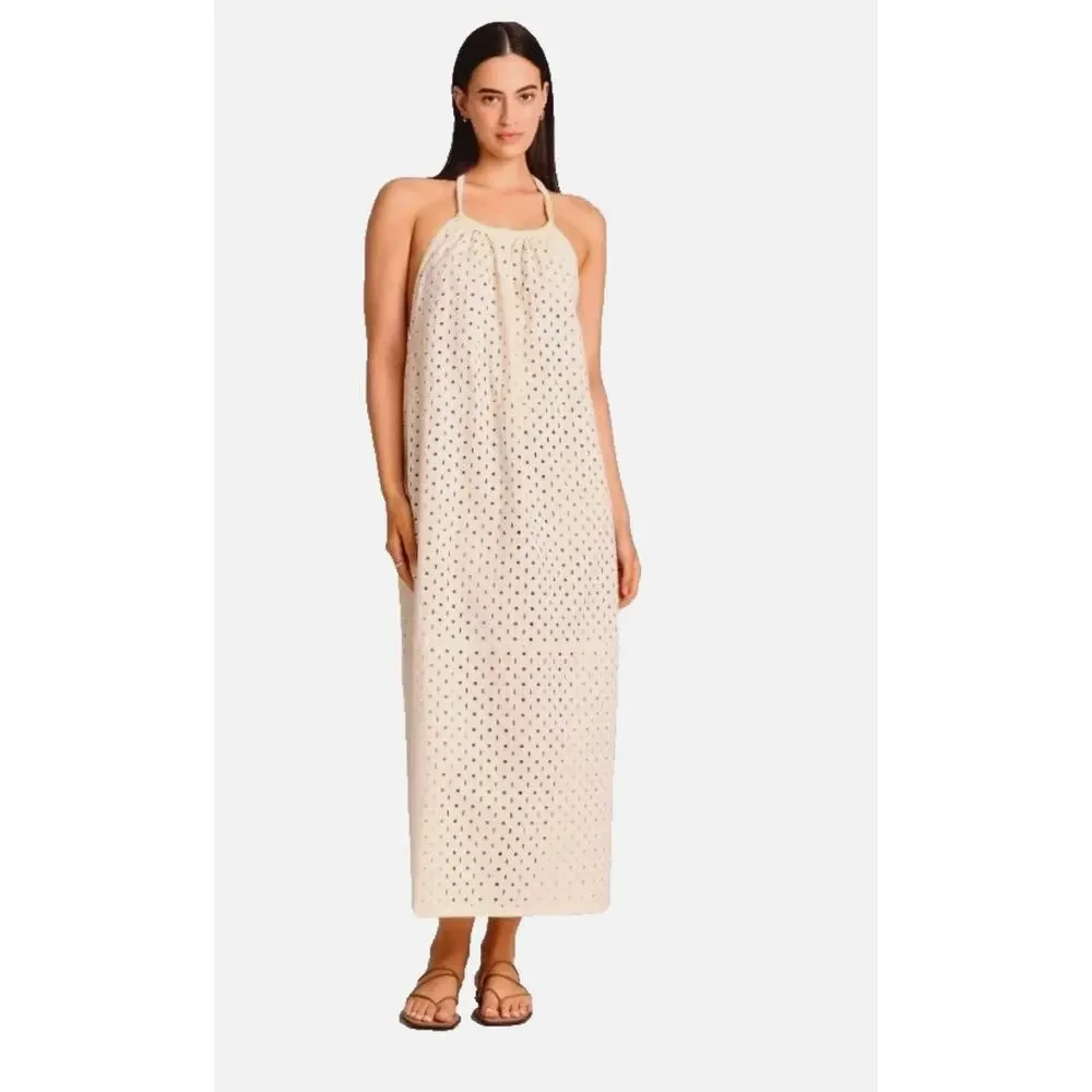 Vitamin A Off White Halter Top Maxi Cover Up Eyelet Swim Dress Womens Medium